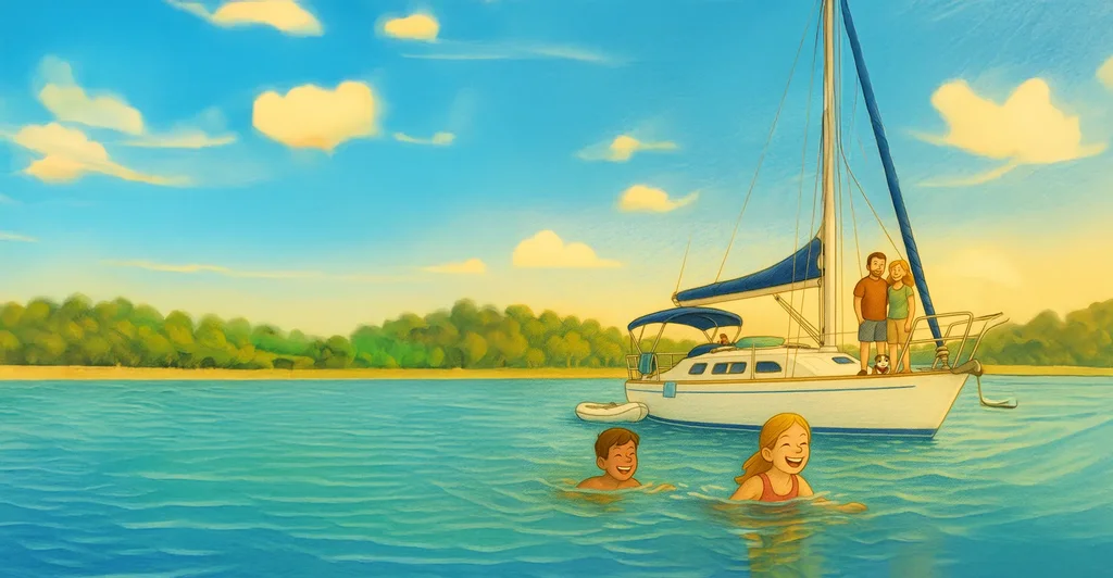 Sandy’s family beside their sailing boat, with children swimming in the blue water
