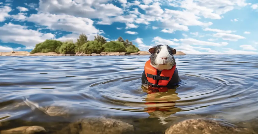 Flinders the Guinea Pig wearing a life jacket for the Children's Book Series