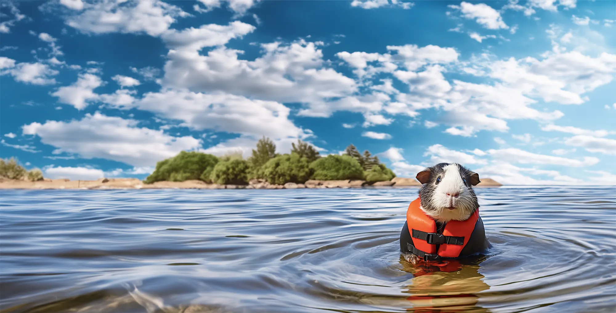 Flinders in his orange life jacket, with blue water and an island behind him