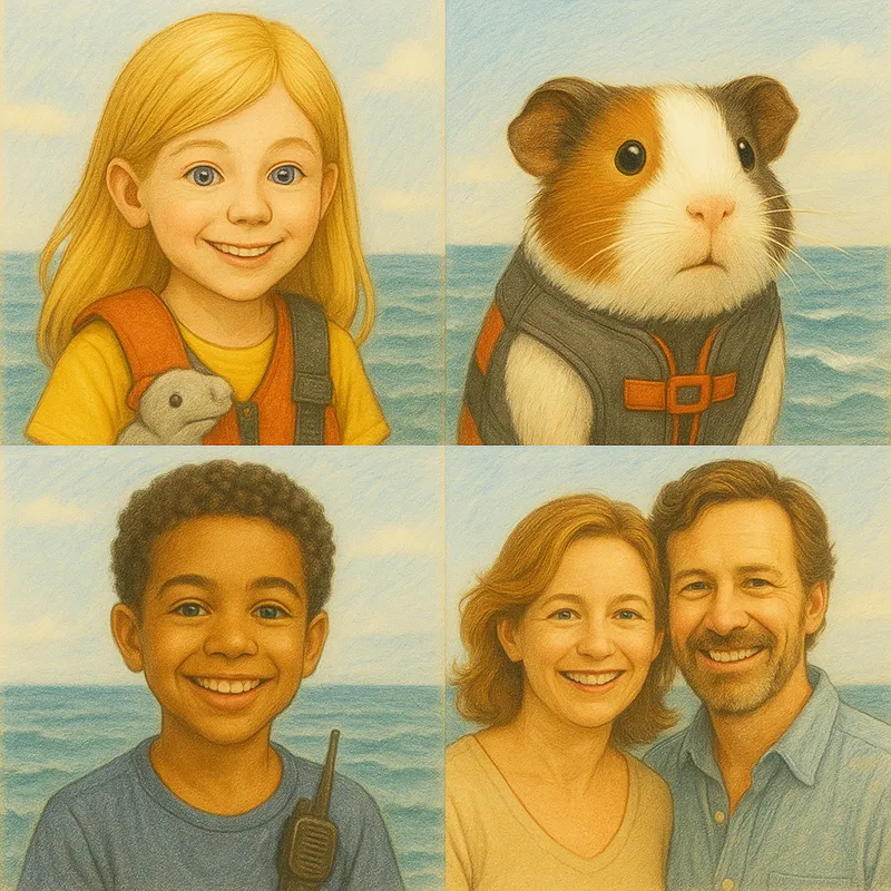 Illustrated portraits of Sandy, Flinders and the sailing family