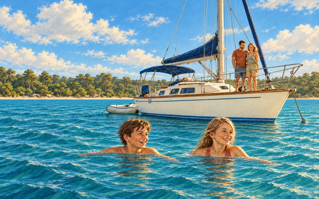 Sandy’s family beside their sailing boat, with children swimming in the blue water