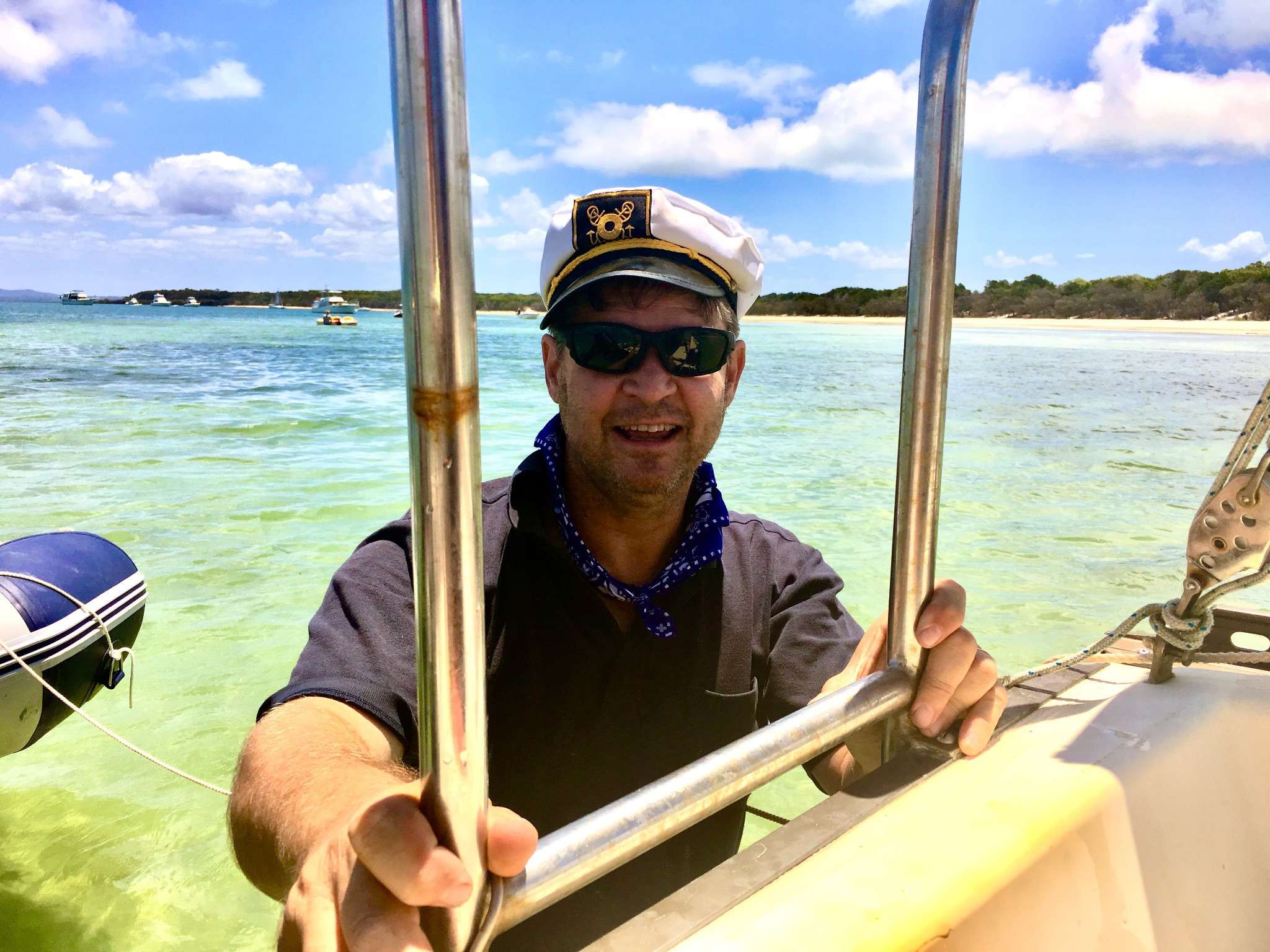 Jim wearing a captain’s hat on a Christmas holiday at Peel Island